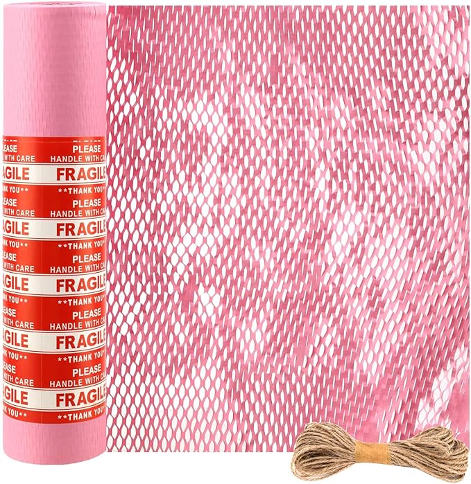 JAPCHET 15 In x 164 Ft Pink Honeycomb Packing Paper, Honeycomb Paper with Sticker Labels and 10 m Rope Honeycomb Wrap Roll for Packaging and Shipping-DeskLoop Office