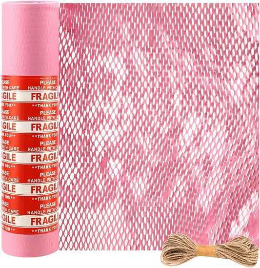 JAPCHET 15 In x 164 Ft Pink Honeycomb Packing Paper, Honeycomb Paper with Sticker Labels and 10 m Rope Honeycomb Wrap Roll for Packaging and Shipping-DeskLoop Office
