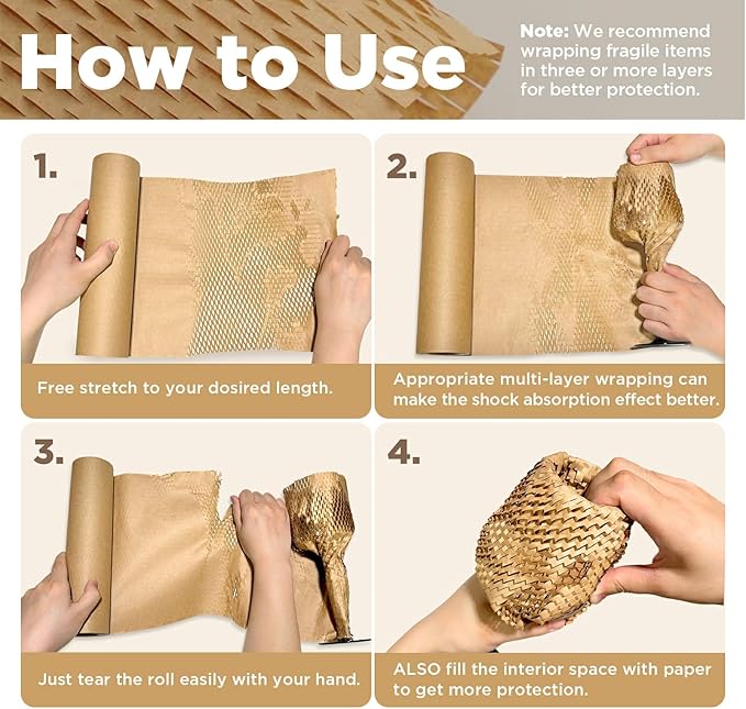 Honeycomb Packing Paper, 12"x150' Brown | Perforated Honeycomb Packing Paper Recyclable Moving Supplies for Shipping & Moving | Plastic-Free Alternative to Bubble Cushion Wrap with 36 Fragile Stickers-DeskLoop Office