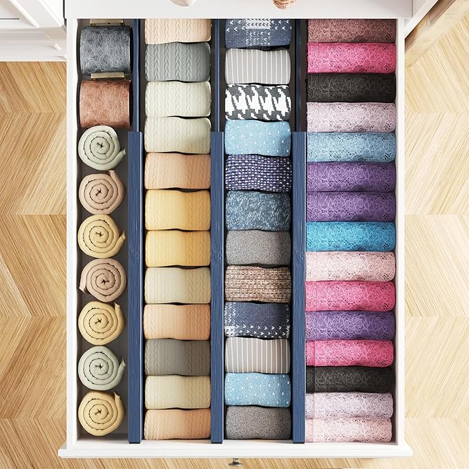 SpaceAid Bamboo Dresser Drawer Dividers 6 Pack, 4.65“ High Adjustable 17“-22” Drawer Organizers, Expandable Organization for Clothing, Clothes, Dressers, Navy Blue-DeskLoop Office