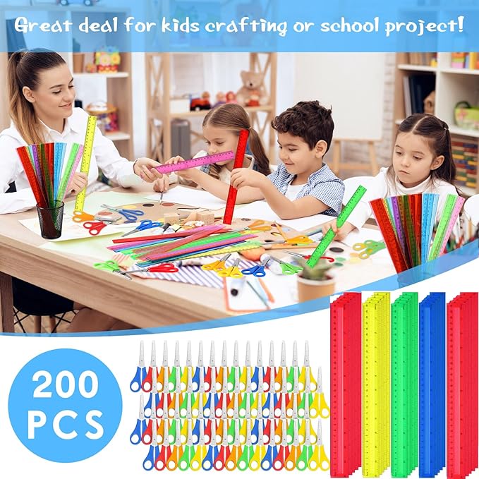 PerKoop 200 Pcs School Supplies with 100 Pcs Safety Blunt Tip Student Scissors 100 Pcs 12 Inch Plastic Rulers Back to School Supply Kit for Operation Christmas Charity Donation Supplies (Vivid Color)-DeskLoop Office