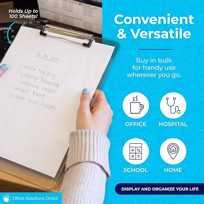 Plastic Clipboards (Set of 6) Transparent Clipboard (Clear) Strong 12.5 x 9 Inch | Holds 100 Sheets! Acrylic Clipboards with Low Profile Clip | Bulk Back to School Supplies for Teachers-DeskLoop Office