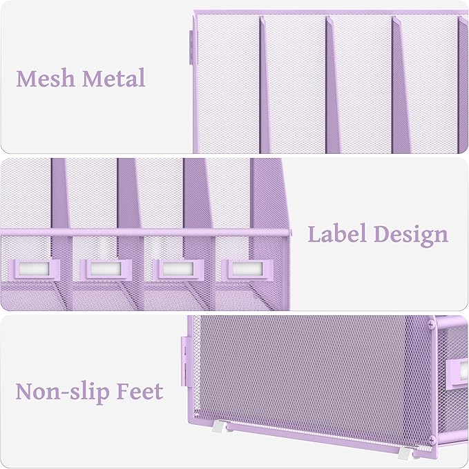 SUPEASY Desk Organizers Metal Desk Magazine File Holder with 5 Vertical Compartments Rack File Organizer for Office Desktop, Home Workspace, Purple-DeskLoop Office