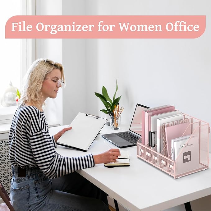 SUPEASY Desk Organizers Metal Desk Magazine File Holder with 5 Vertical Compartments Rack File Organizer for Office Desktop, Home Workspace, Pink-DeskLoop Office