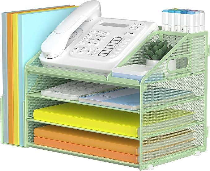 DocNest 4 Tier Paper Letter Tray File Organizer, Mesh Desk File with Handle, Workspace Desk Organizers with Pen Holder, Office Organization Storage Accessories - Green-DeskLoop Office