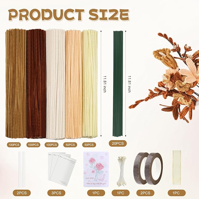 400 PCS Pipe Cleaners Bulk,5 Colors Pipe Cleaners Craft for Flowers with Floral Wires,Gardening Tape,Greeting Card,Bouquet Paper,Hot Glue Stick,Stamen & Ribbon,Ideals for DIY Holiday Deco-DeskLoop Office
