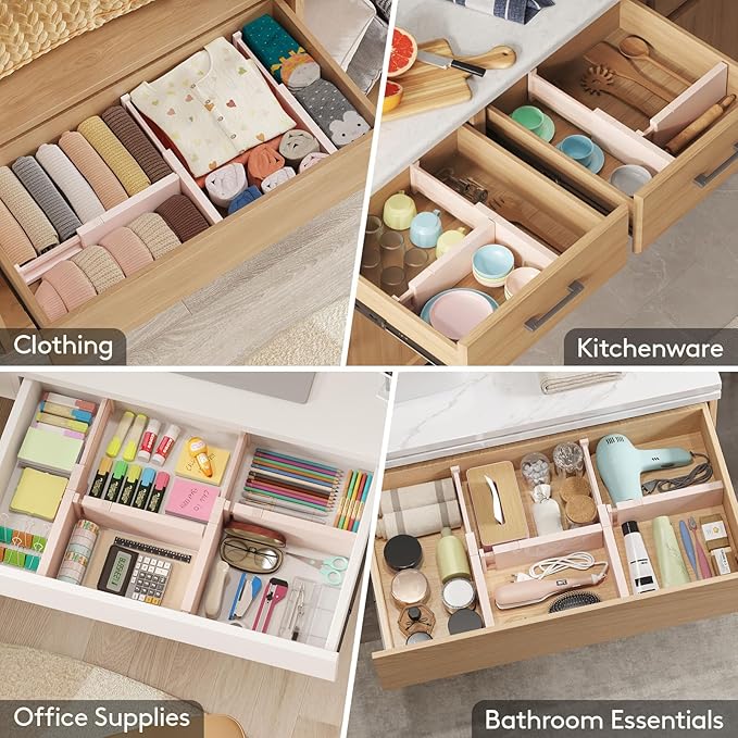 Lifewit 14 Pack Drawer Dividers 4" High, 11-17" Adjustable Drawer Organizers for Clothes, Expandable Dresser Separators in Bedroom/Bathroom/Kitchen/Fridge/Office Organization and Storage, Pink-DeskLoop Office