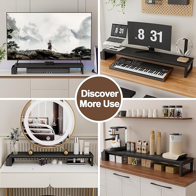 LAND·VOI Dual Monitor Stand Riser,41.5'' Long Monitor Stand for 2 Monitors, Wood and Steel Computer Monitor Stand, Desktop Oraganizer with Pen Holder, Monitor Riser for Desk Computer,Laptop,TV, Black-DeskLoop Office