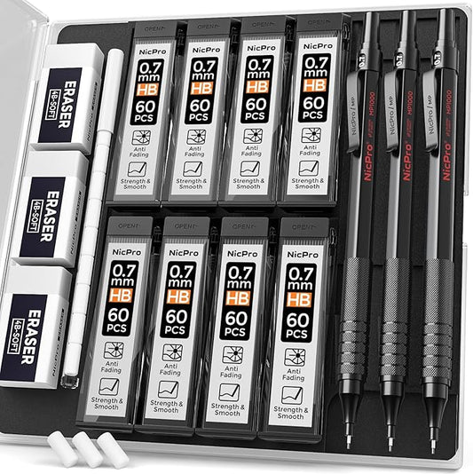 Nicpro 0.7 mm Mechanical Pencil Set with Case, 3 Metal Artist Pencil With 8 Tube HB Lead Refills, 3 Erasers, 9 Eraser Refills For Architect Art Writing Drafting Drawing, Engineering, Sketching, Black-DeskLoop Office