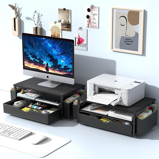 Desk Organizer and Accessories, Computer Monitor Stand Riser with Drawer and 2 Pen Holders, Office Desk Accessories & Workspace Organizers for Office Supplies (Black)-DeskLoop Office