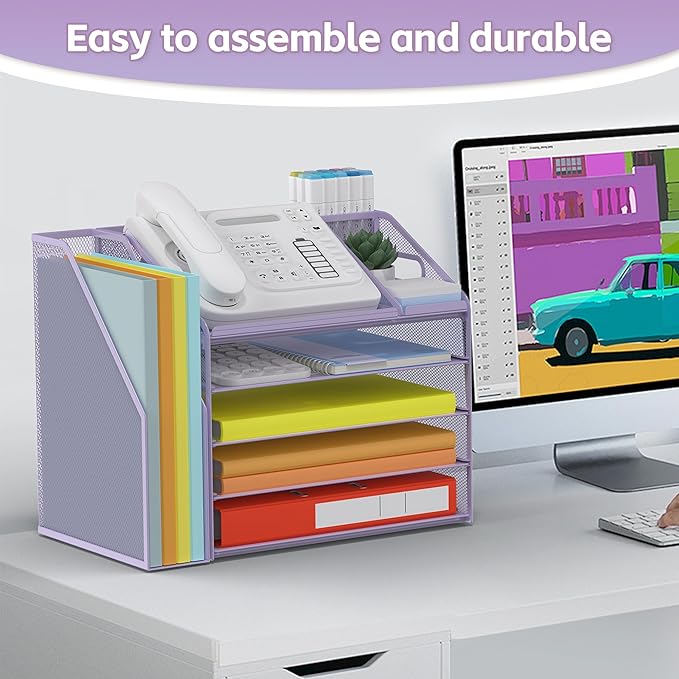 DocNest 5 Tier Paper Letter Tray File Organizer, Mesh Desk File with Handle, Workspace Desk Organizers with Pen Holder, Office Organization Storage Accessories - Purple-DeskLoop Office