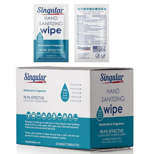 Hand Sanitizing Wipes Travel Size by Singular Wipes – 24ct Individually Wrapped | Fresh Citrus Scent, Moisturizing, 70% Alcohol Wipes | Travel, Office, School, Home | Made in USA-DeskLoop Office