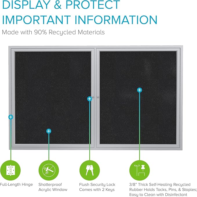 Ghent 36"x60" 2-Door indoor Enclosed Recycled Rubber Bulletin Board, Shatter Resistant, with Lock, Satin Aluminum Frame,Black (PA23660TR-BK) ,Made in the USA-DeskLoop Office