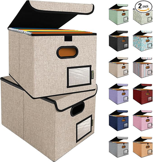 BALEINE File Organizer Box with Lid, Collapsible File Folder Organizer with Plastic Slide, Hanging File Folder Box for Office Document Storage (2 Pack, Beige)-DeskLoop Office