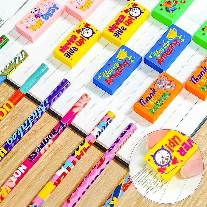 Cinrobiye 100 Pcs Inspirational Pencils with Erasers for Kids,Motivational Pencil Erasers Bulk Back to School Gifts Supplies Party Favor Goody Bag Fillers for Students Classroom Teacher Prizes Reward