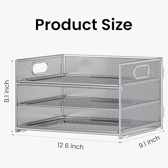 Subekyu 2-Pack 3-Tier Silver Metal Mesh Desk Paper Letter Tray & File Sorter Organizer with Handle + 1 Sliding Tray for Desk, Home, Office, School Supplies, A4 Paper and Accessories Storage-DeskLoop Office