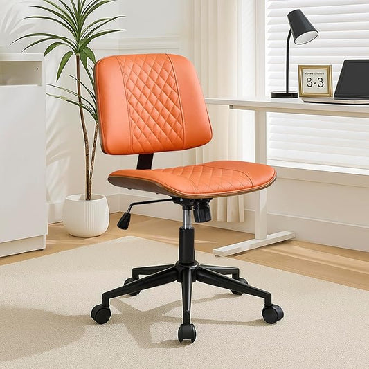 Armless Orange Home Office Chair – Mid-Back PU Leather, Adjustable Height Desk Chair with Swivel Wheels, Walnut Frame for Small Space Study or Bedroom-DeskLoop Office
