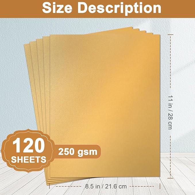 120 Sheets Gold Shimmer Cardstock 8.5 x 11 Metallic Paper, 250gsm/92lb Thick Paper Card Stock for Birthday Decorations, DIY Cards Making, Greeting Cards, Wedding Invitations, School Crafting-DeskLoop Office