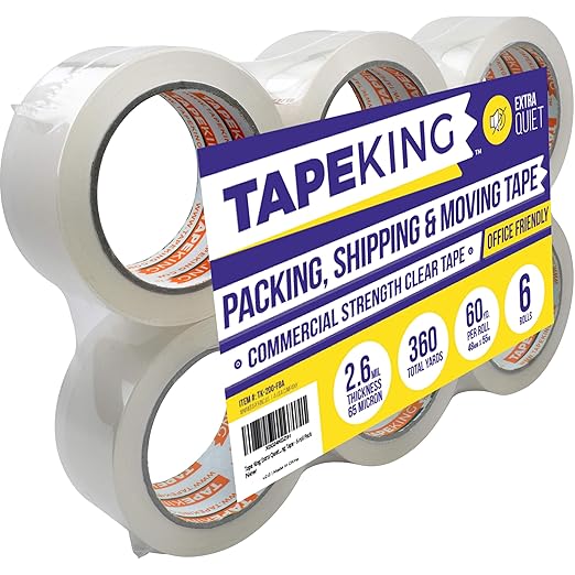 Tape King Quiet Packing Tape - Pack of 6, Clear, Heavy-Duty, Packaging, Boxing and Shipping Tape for Moving and Storage-DeskLoop Office