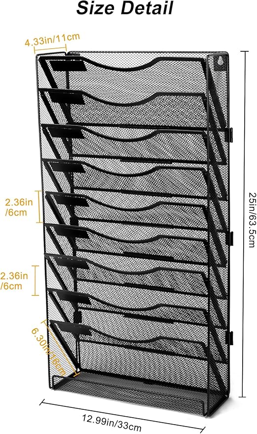 EasyPAG 10 Tier Wall File Holder with Flat Tray, Black | Easy Assemble Mesh Desk File Organizer | 9-Folder Paper Storage | Replaceable Classify Labels | Space Saving Mail Organizer for Office Home-DeskLoop Office