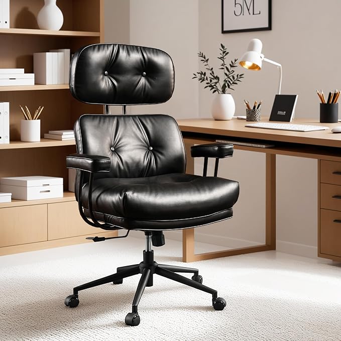 ovios Ergonomic Home Office Chair, Mid-Century Modern Faux Leather Chairs with Thickened Cushions, Comfy High Back Swivel Rolling Executive Computer Armchair (Black, PU Leather)-DeskLoop Office