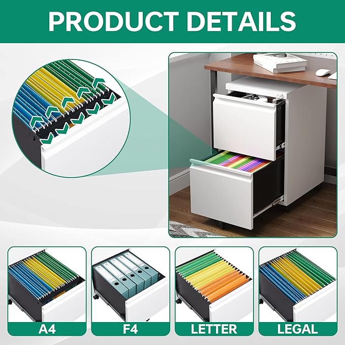 Letaya 2 Drawer Mobile File Cabinet with Lock,Under Desk Metal Filing Cabinets for Home Office Organizer Letters/Legal/A4(White-Requires Installation)-DeskLoop Office