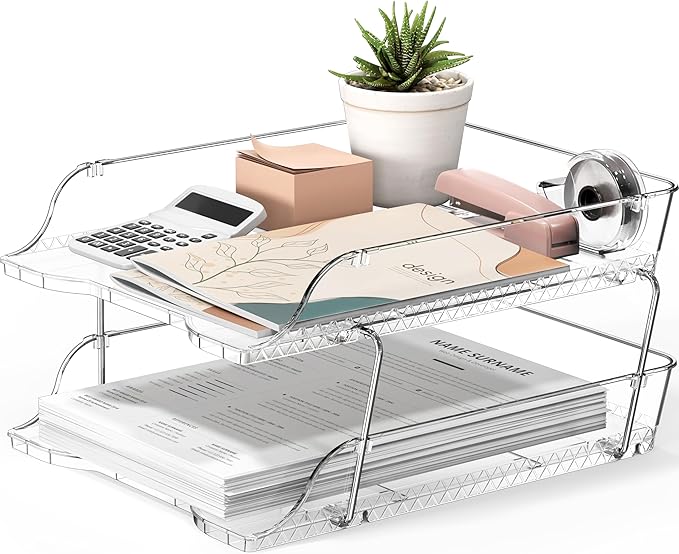 Simple Houseware 2-Tier Clear Stackable Letter Tray Organizer – Desktop File Holder for A4/Letter Size Paper, Document Sorter, Office Desk Paper Organizer, Transparent File Storage-DeskLoop Office