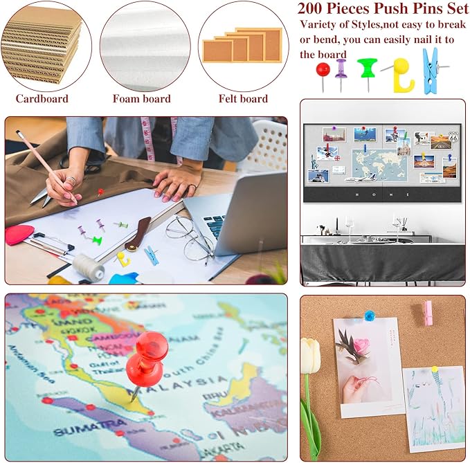 200 Pieces Push Pins Set, Thumb Tacks Multicolor Pushpin Clips Decorative Push Pins for Cork Board, 5 Style for Bulletin Boards Wall Maps Pictures Office Home Supplies-DeskLoop Office