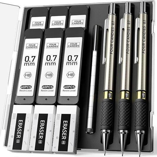 Four Candies Metal Mechanical Pencil Set - 3PCS 0.7mm Art Mechanical Pencils & 360PCS HB Lead Refills & 3PCS Erasers & 9PCS Eraser Refills, Drawing Mechanical Pencils for Writing, Sketching-With Case-DeskLoop Office