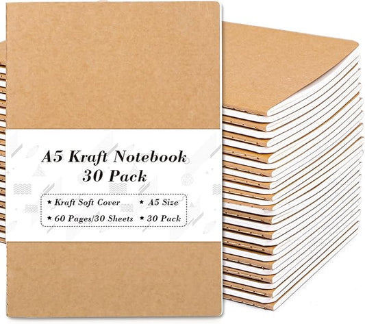 feela 30 Pack Kraft Notebooks, A5 60 Lined Pages Notebooks and Journals for Women Girls Students Making Plans Writing Memos Office School Supplies, 8.3 X 5.5 in-DeskLoop Office