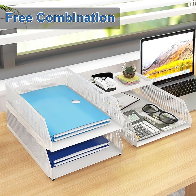 Natwind 3-Tier Stackable Paper Tray, Metal Mesh Desktop Organizer, Paper Sorter, Letter Trays,File Document Storage Rack for for Home, Office, School (White)-DeskLoop Office