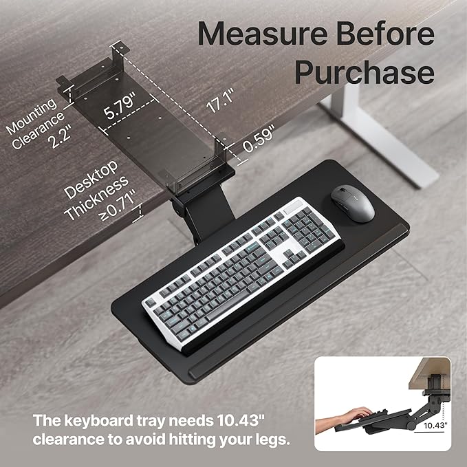 Keyboard Tray Under Desk with Storage Drawer, Height Adjustable Keyboard Tray Slide Out Swivel Tilt, Ergonomic Under Desk Mount Keyboard & Mouse Holder for Gaming Home Office, 25x11'', Black-DeskLoop Office