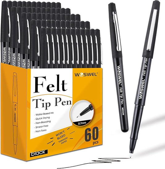 Black Felt Tip Pens - 60 Pack, 0.7mm Medium Point Pens for Journaling, Note Taking, Planner, Writing, Drawing-DeskLoop Office