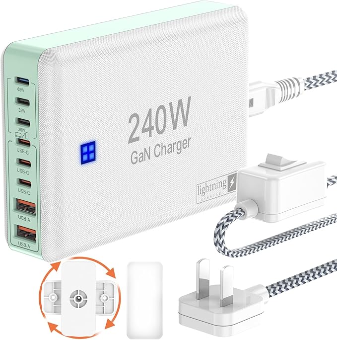 240W Fast Chargers for Multiple Devices 8 Ports, 6 Type C + 2 USB A Charger Block, Charging Station with Slim Flat Plug, 65W Power Hub for Laptops, PD GaN Charger Tower for iPhone, Samsung-DeskLoop Office