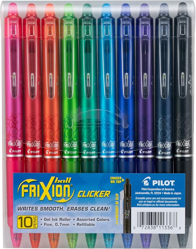 Pilot FriXion Erasable Gel Pens, Fine Point 0.7 mm Erasable Pens, Pack of 10 Assorted Colors-DeskLoop Office