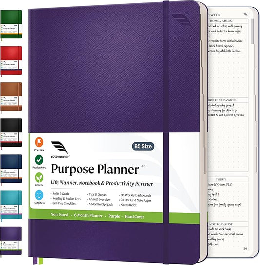 Roterunner 2025 Purpose Planner Notebook B5 7.5'x9.8' Undated Daily Weekly Monthly Productivity Goal Setting Tool for Work Home ADHD Planner Adult Self Care Journal (Purple Hardcover)-DeskLoop Office