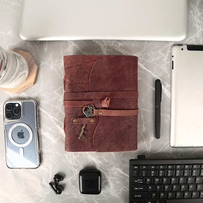 Leather Journal with Deckle Edge Paper 8x6 inch and Vintage Key | Handmade - Image 8