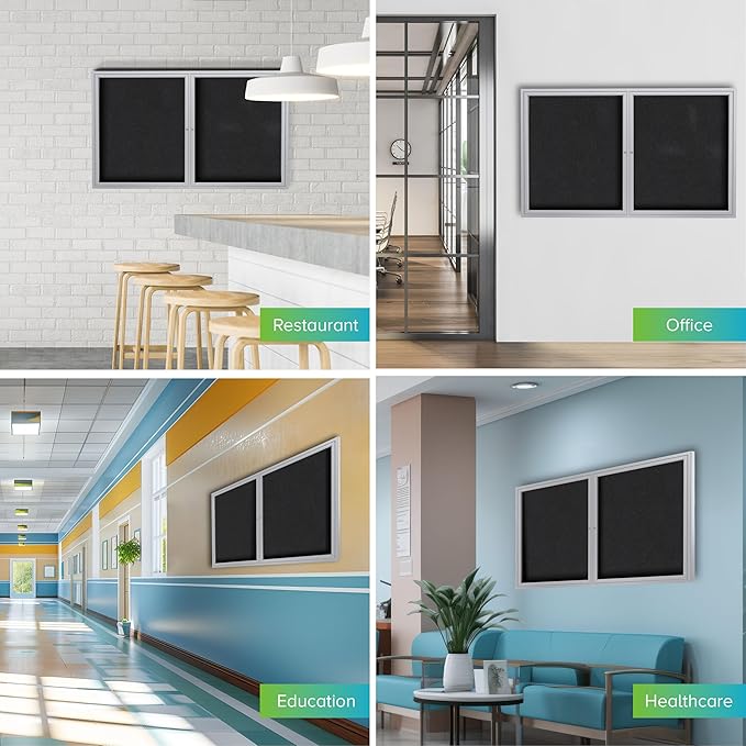 Ghent 36"x60" 2-Door indoor Enclosed Recycled Rubber Bulletin Board, Shatter Resistant, with Lock, Satin Aluminum Frame,Black (PA23660TR-BK) ,Made in the USA-DeskLoop Office