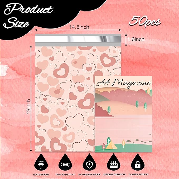 Pink Heart Poly Mailer 14.5x19 Inch 50 Pcs, Waterproof Shipping Bags for Clothing, Tear-Resistant Mailier Bags, Strong Mailing Bags with Self-Seal-DeskLoop Office