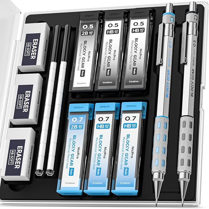 Nicpro Blocky Gear 0.5 mm & 0.7 mm Mechanical Pencils Set in Case, Metal Pencil with 6 Tube Lead Refills, Eraser, Eraser Refills for Professional & Adult Art Writing Drafting Drawing Sketching-DeskLoop Office