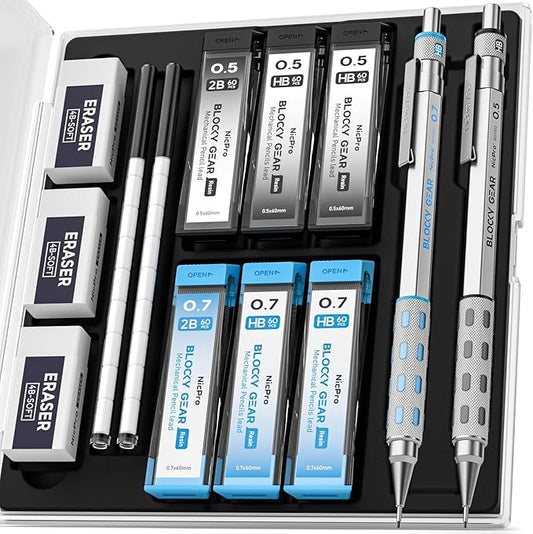 Nicpro Blocky Gear 0.5 mm & 0.7 mm Mechanical Pencils Set in Case, Metal Pencil with 6 Tube Lead Refills, Eraser, Eraser Refills for Professional & Adult Art Writing Drafting Drawing Sketching-DeskLoop Office