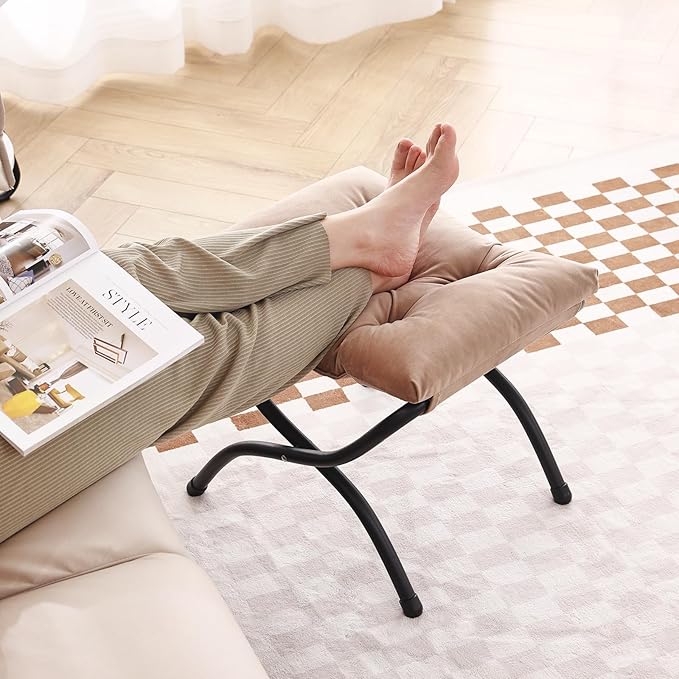 LITA Folding Upholstered Footrest Stool, Modern Small Portable Accent Ottoman with Detachable Thick Cotton Cushion Padded Sofa Stool with Metal Frame for Lazy Chair, Living Room & Bedroom, Khaki-DeskLoop Office