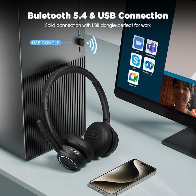 (2025 Upgraded) Wireless Headset with Mic for Work, Bluetooth Headset with Noise Canceling Microphone, Wireless On Ear Headphones with USB Dongle and Mute Mic for Computer-DeskLoop Office