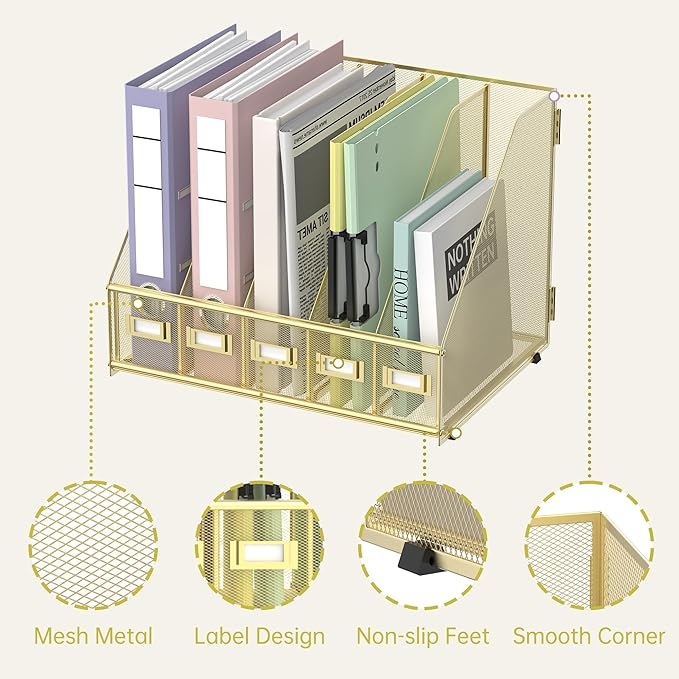 SUPEASY Desk Organizers Metal Desk Magazine File Holder with 5 Vertical Compartments Rack File Organizer for Office Desktop, Home Workspace, Gold Plus-DeskLoop Office