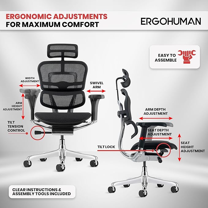 Ergohuman Eurotech ME7ERG GEN2 High Back Mesh Office, Computer, or Gaming Chair w/Tilt Tension Control & Lock, Back Angle/Height, Swivel Arms, Seat Height,/Depth, and Arm Height Adjustments, Black-DeskLoop Office