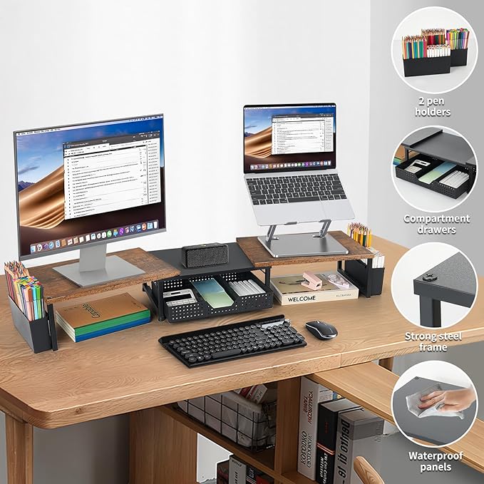 Desk Dual Monitor Stand Riser - Desk Organizer with Drawer and Pen Holders, Office Desk Accessories & Workspace Organization, Computer Monitor Stand for Laptop, Printer, TV, Office Decor, Wood-DeskLoop Office