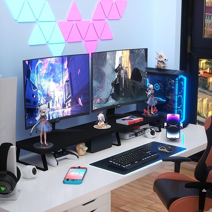 Aothia Large Dual Monitor Stand Riser - Monitor Stand For 2 Monitors, Monitor Stand With Drawer,Desk Shelf For Monitor, Wood Monitor Riser Stand with Storage Organize For Pc,Tv,Laptop,Screen (Black)-DeskLoop Office