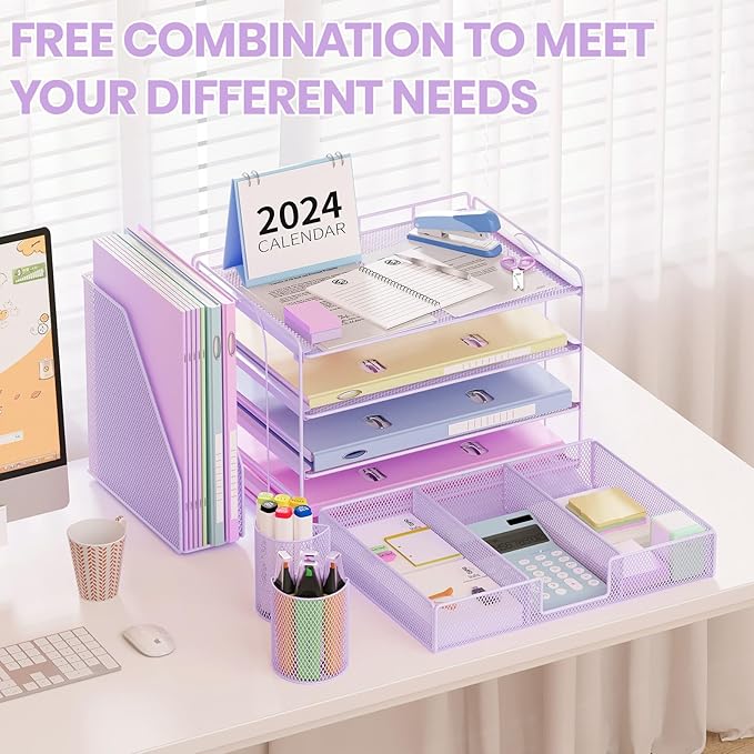 Desk Organizer and Accessories, 4-Tier Desktop File Organizer with Drawer and 2 Pen Holders, Office Desk Accessories for Office Supplies(Purple)-DeskLoop Office