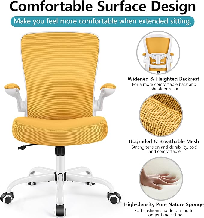 FelixKing Office Chair, Ergonomic Desk Chair Breathable Mesh Chairs with Adjustable High Back Lumbar Support Flip-up Armrests, Executive Swivel Comfy Task Computer Chairs for Home Office Yellow-DeskLoop Office