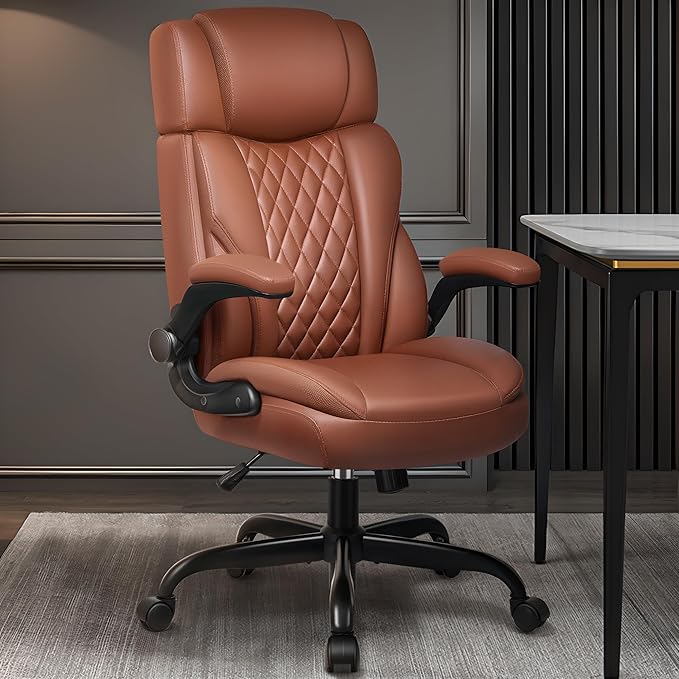 Office Chair Flip Up Arms, Executive Leather Office Chair Ergonomic Desk Chair with Lumbar Support, Adjustable Headrest, Computer Chair Home Office Desk Chair with Rocking Function-DeskLoop Office